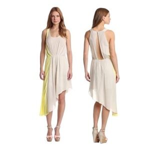 BCBGeneration Asymmetrical Hem Open Back High Low Dress in Chalk Grey/Yellow